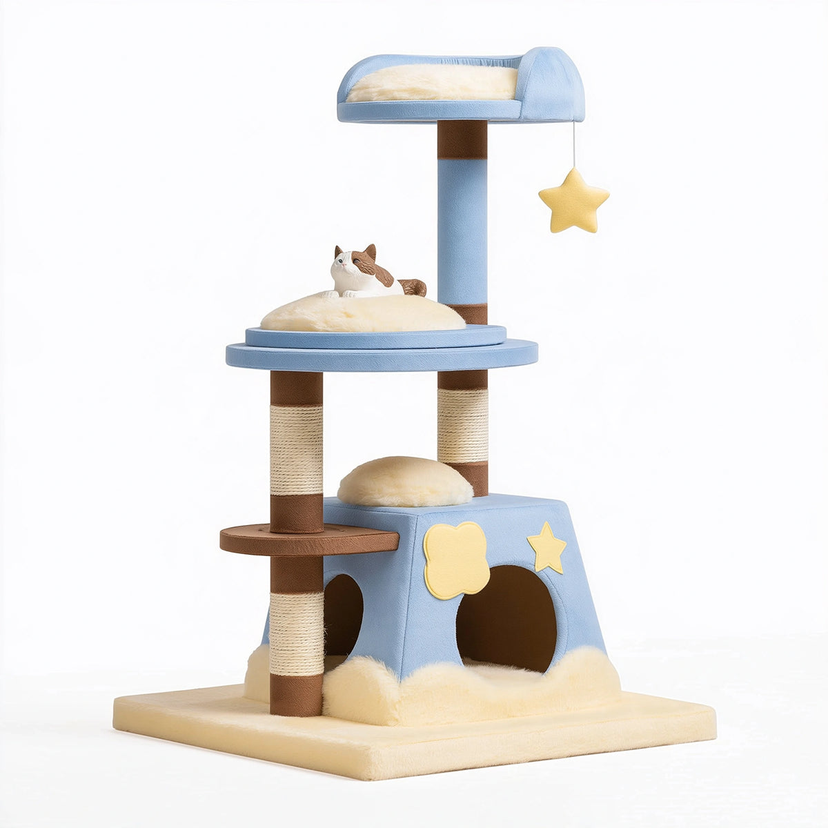 Tiragraffi per gatti 60 x 60 x 160 cm in sisal e tessuto blu marrone e crema con cuccia e piattaforme