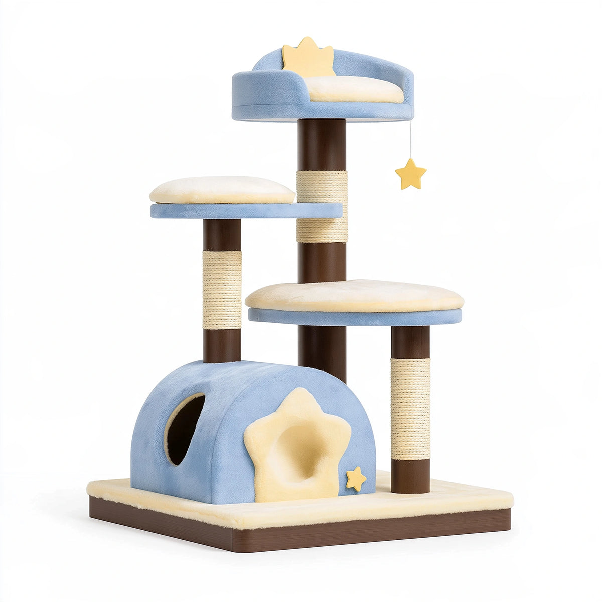 Tiragraffi per gatti 60 x 50 x 150 cm in tessuto blu e beige con sisal e cuccia multilivello