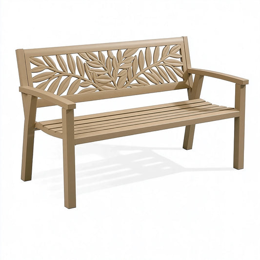 Panchina da giardino 122 x 60 x 90 cm in metallo beige con schienale a foglie