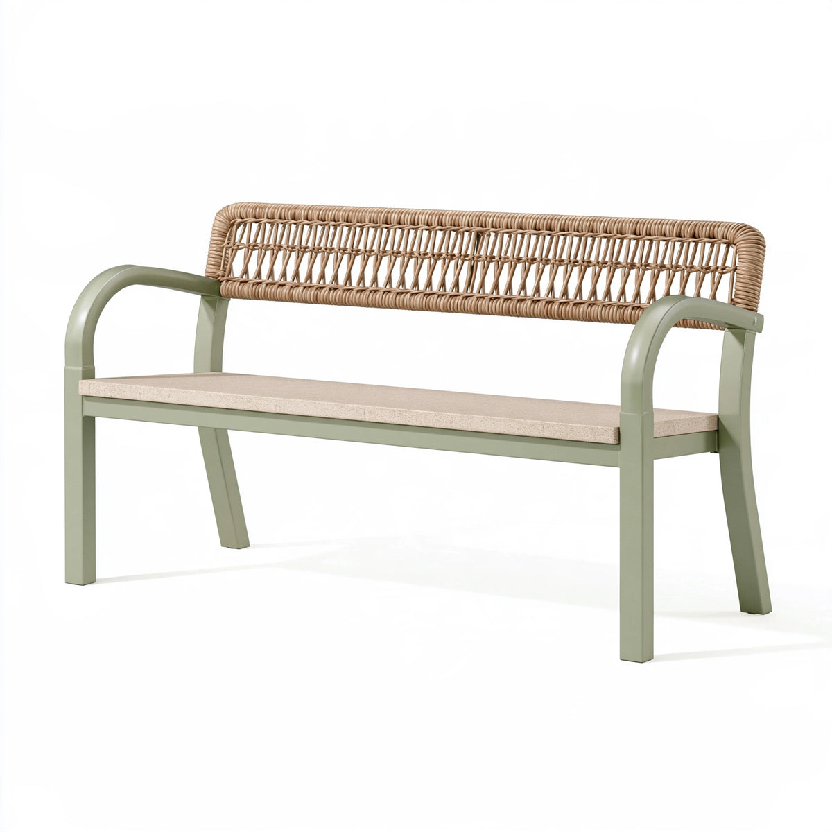 Panca da esterno 120 x 60 x 80 cm in metallo verde salvia con schienale intrecciato stile contemporaneo