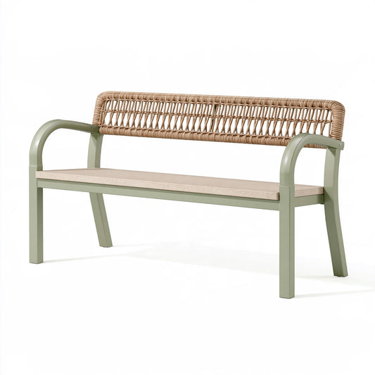 Panca da esterno 120 x 60 x 80 cm in metallo verde salvia con schienale intrecciato stile contemporaneo