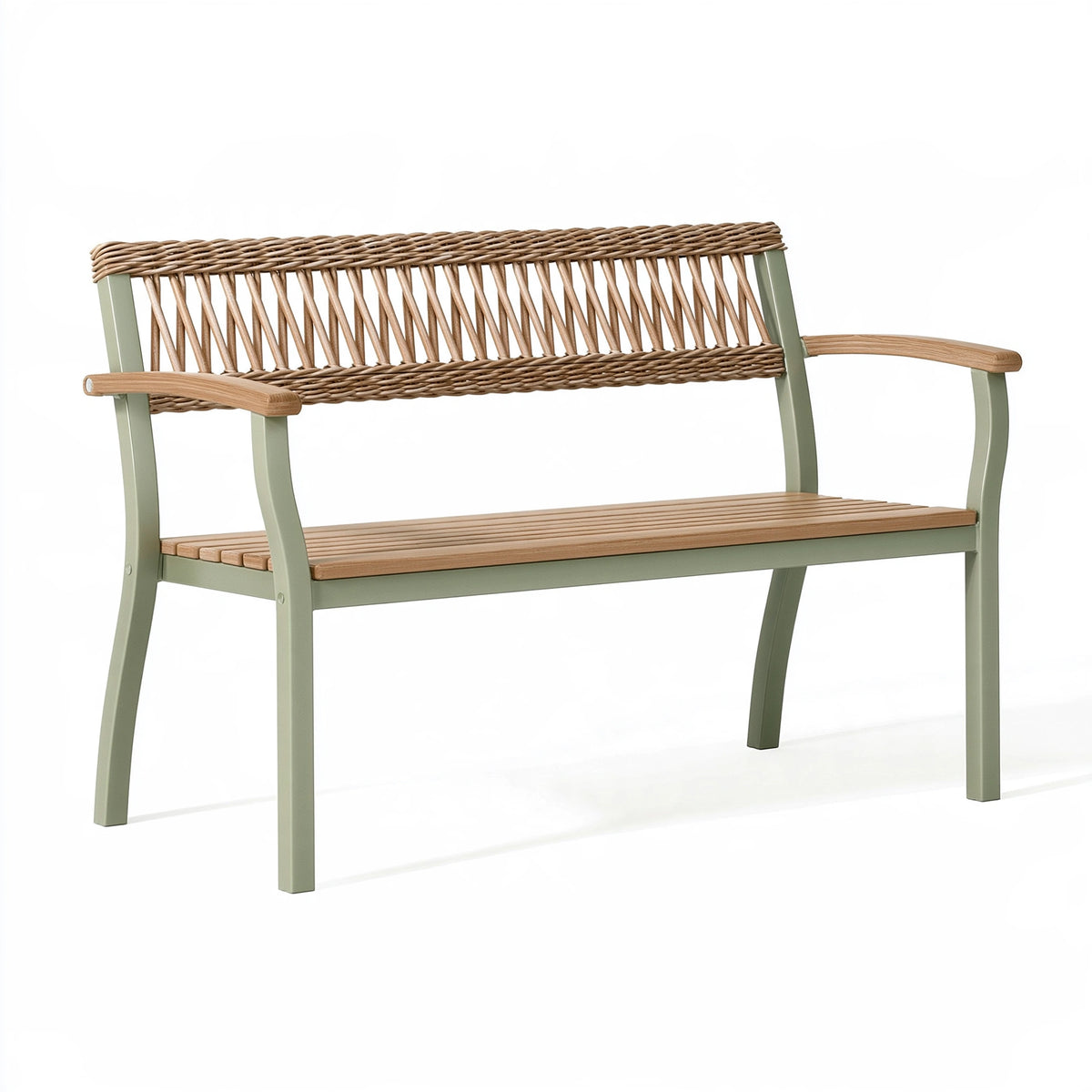 Panca da giardino 120 x 60 x 80 cm in metallo verde e intreccio effetto rattan stile naturale