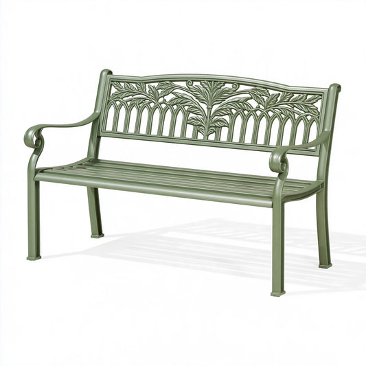 Panchina da giardino 120 x 60 x 90 cm in metallo verde - stile classico con schienale decorato