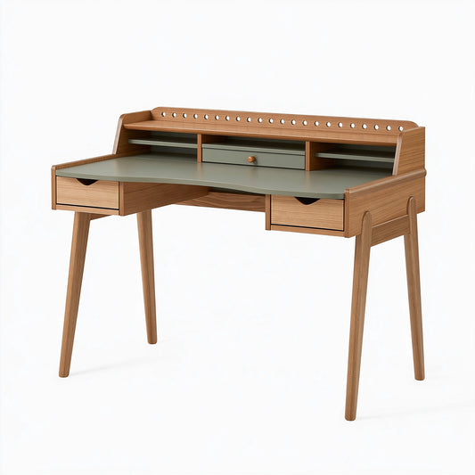 Scrivania 120 x 60 cm in legno marrone e verde oliva con cassetti stile retrò