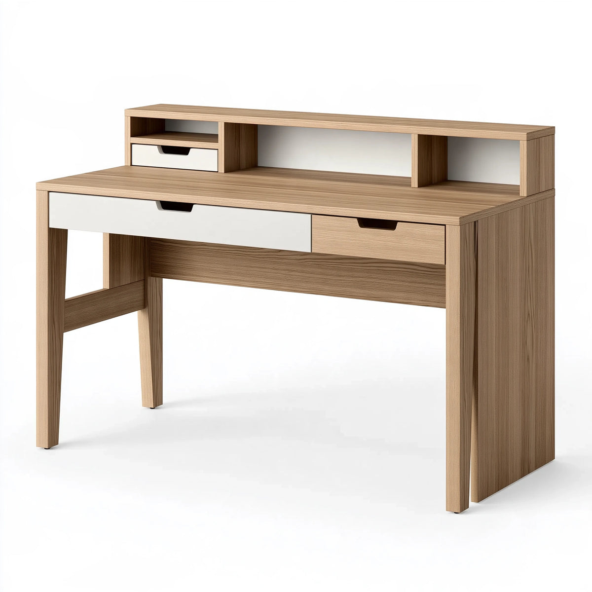 Scrivania 120 x 60 x 110 cm in legno ingegnerizzato rovere chiaro e bianco con ripiani e cassetti stile moderno