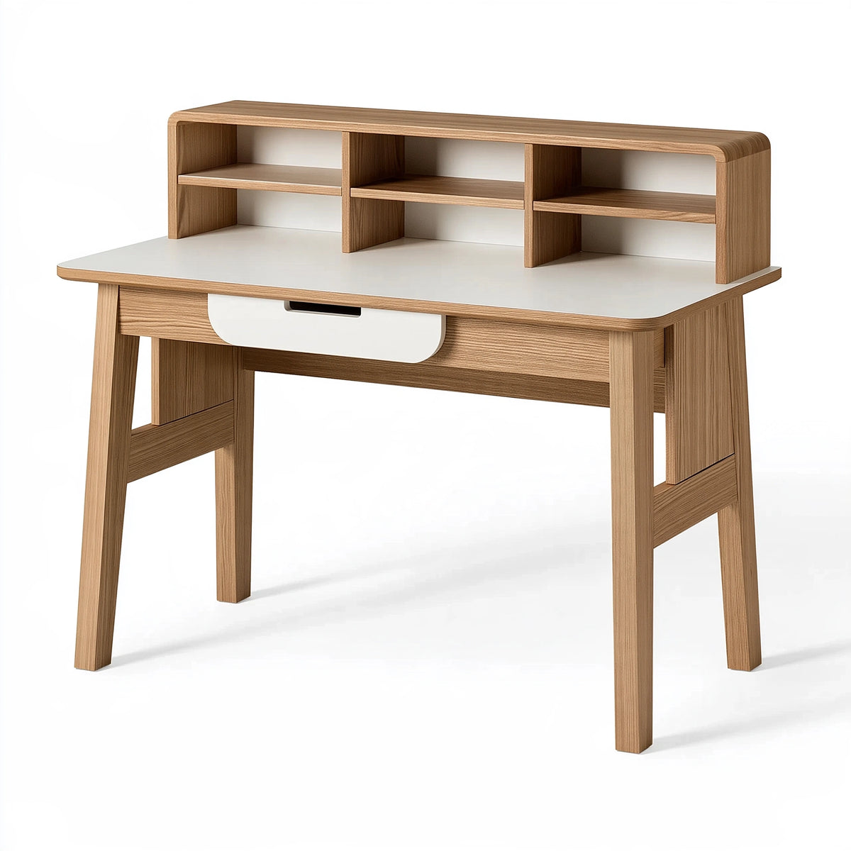Scrivania 120x60 cm in legno marrone e bianco con ripiani e cassetto stile moderno