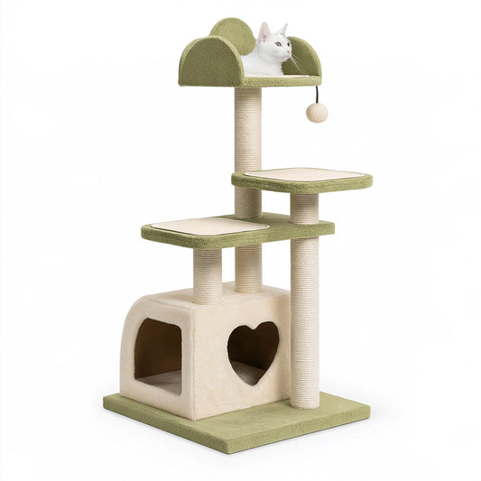Albero tiragraffi per gatti 60 x 50 x 160 cm in sisal e peluche verde e beige con cuccia e piattaforme