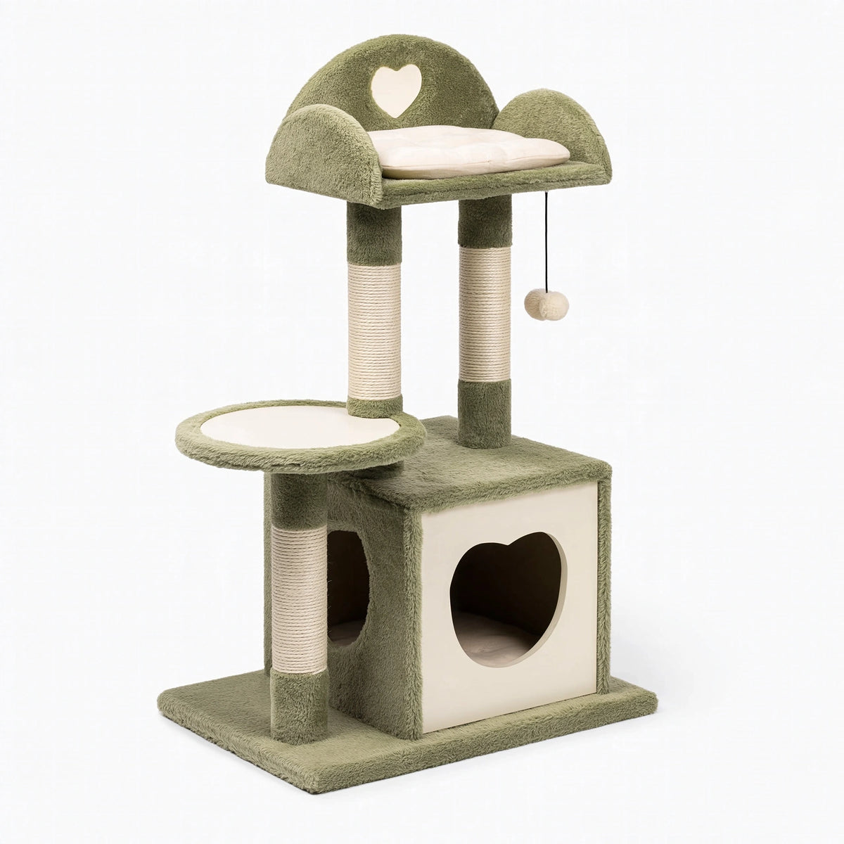 Tiragraffi per gatti 60 x 50 x 145 cm in sisal e tessuto verde crema con cuccia e piattaforme