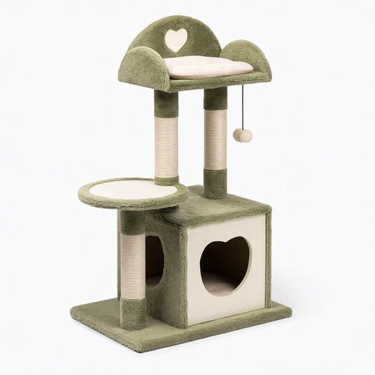Tiragraffi per gatti 60 x 50 x 145 cm in sisal e tessuto verde crema con cuccia e piattaforme