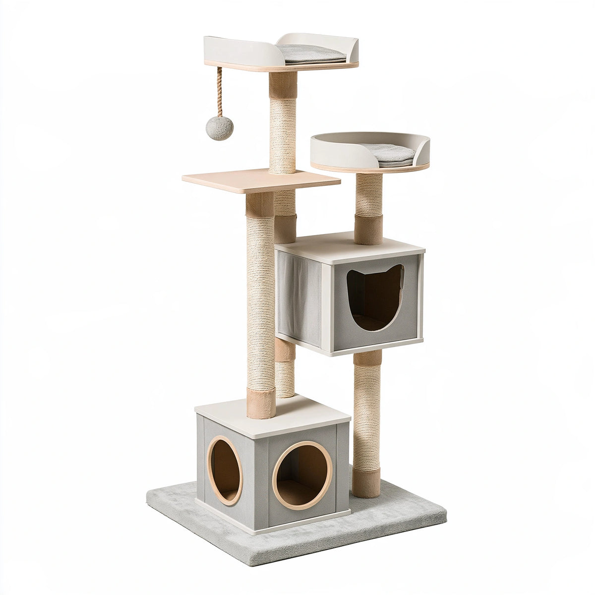 Tiragraffi per gatti 60 x 60 x 170 cm in legno grigio e beige con tiragraffi e cucce multilivello