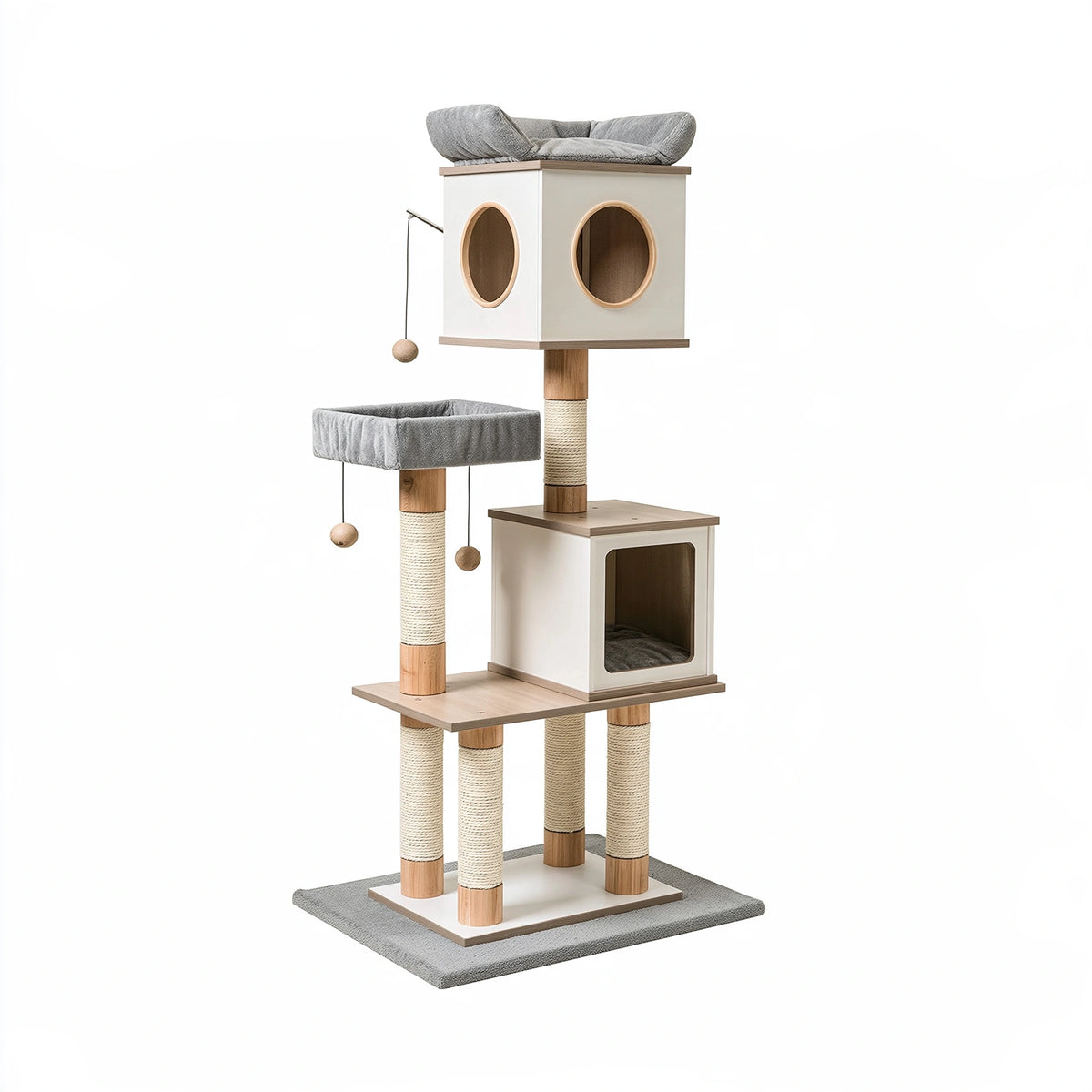 Tiragraffi per gatti 60 x 50 x 170 cm in legno bianco e grigio con sisal e cucce