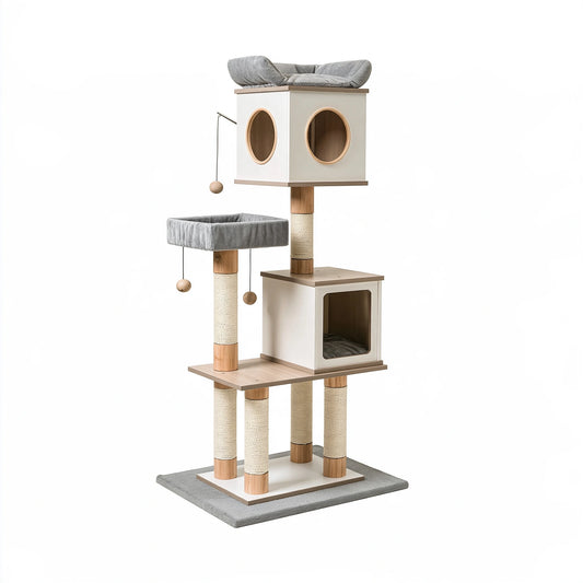 Tiragraffi per gatti 60 x 50 x 170 cm in legno bianco e grigio con sisal e cucce