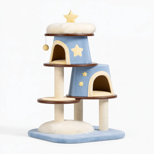 Albero tiragraffi per gatti 60 x 50 x 150 cm in tessuto blu e sisal con cucce e piattaforme